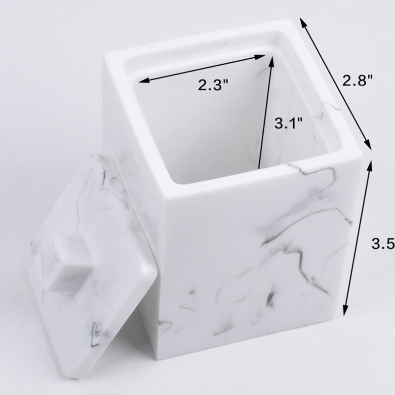 Jung Ford Qtip Holder for Bathroom with Lid â€“ Square Cotton Swab Organizer, Cotton Ball Dispenser, Makeup Pad Container â€“ Marble Look Resin Vanity Storage (White) - Image 3